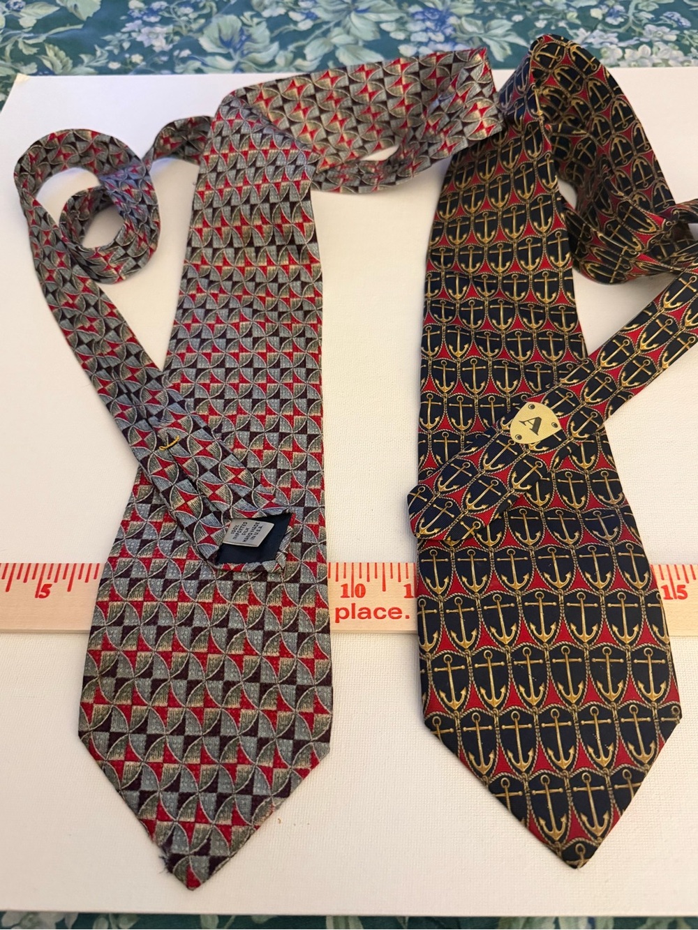 Aquascutum Navy & Gold Anchor Silk Tie and Gray Red Geometric Silk Tie -Set of 2